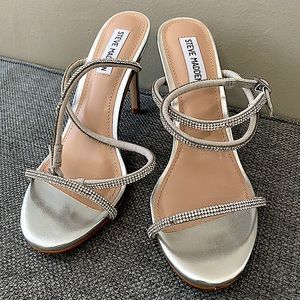 Festive Silver Rhinestone Ankle Strap Heels